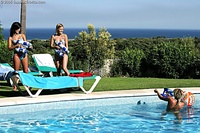 Randy teen threesome lick pussy by the pool